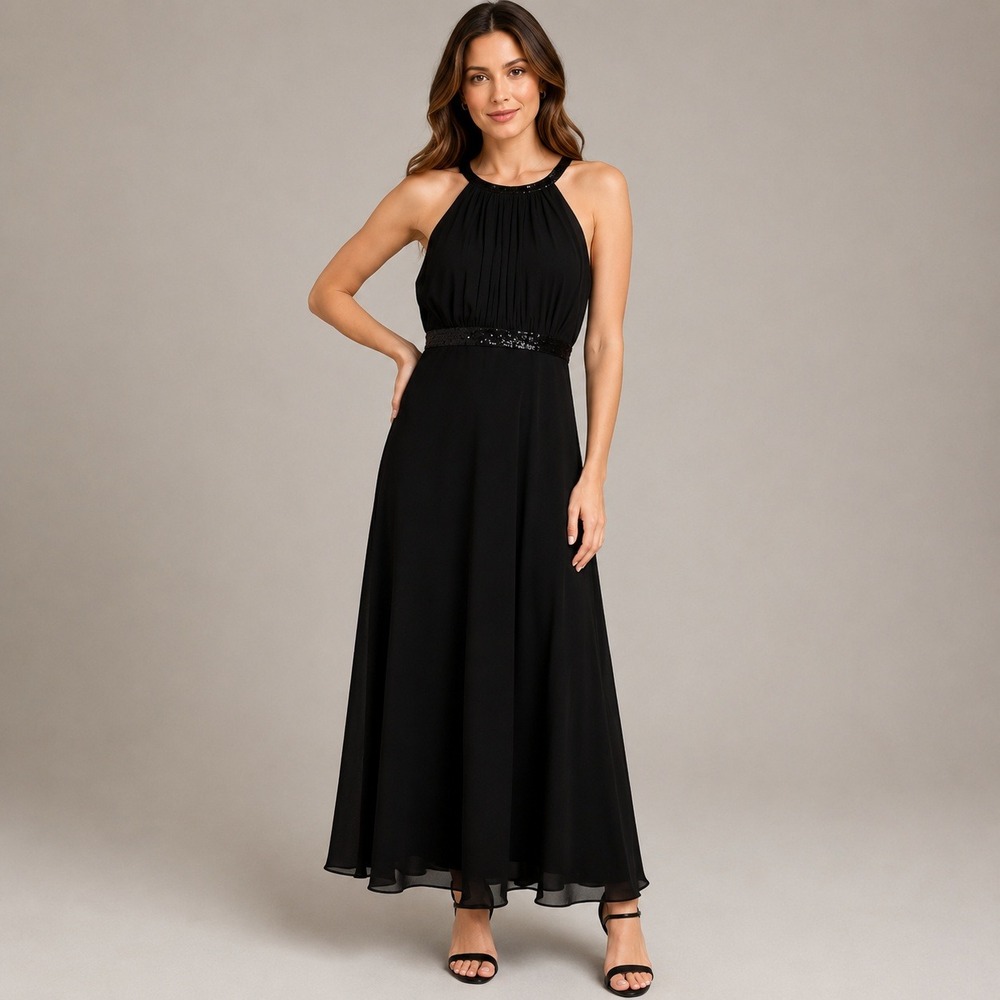 Evan Picone Maxi Dress Women 12 Black Halter Beaded Waist Pleated Evening Gown